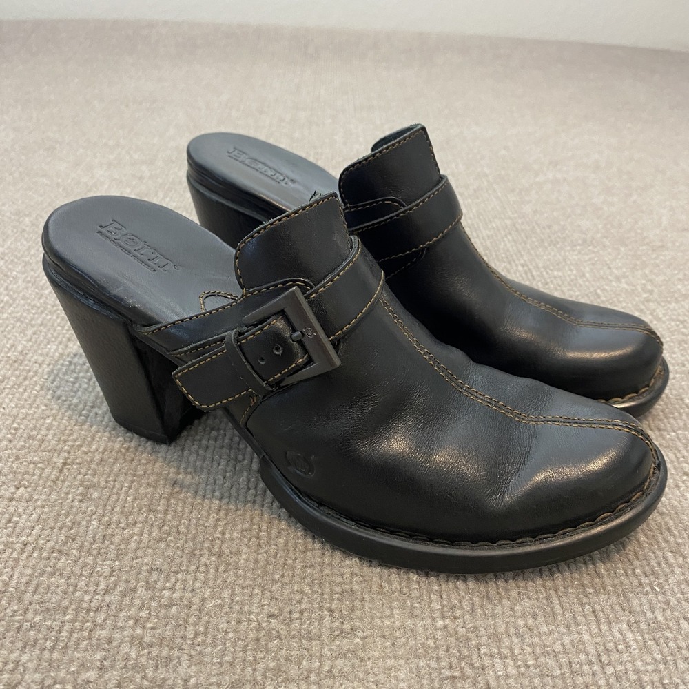 Born Mule Heels Womens Size 8 Black Leather Buckle Clog Block W31277E8